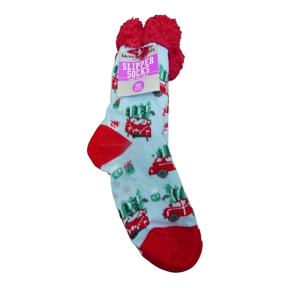 Warm & Snuggly Slipper Socks Women One Size Blue NWT Holiday Christmas Tree Car